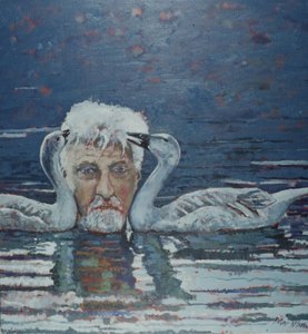 Conrad Lorenz with Goslings, 2000（キャンバスに油彩） 作： ピーター・ウィルソン