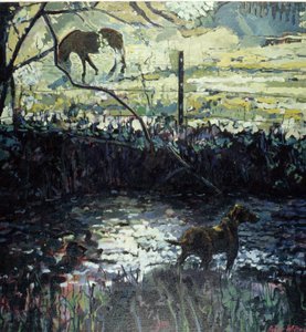 野原のポニーと犬、2000年（キャンバスに油彩）