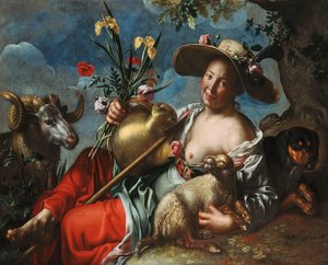 ウサギ、猟犬、雄羊とリクライニングする羊飼い 作： Peter Wtewael