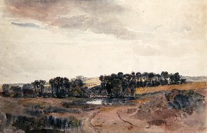 プールサイドの木と牛のある風景（水彩・紙） 作： Peter de Wint