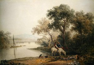 川辺で馬に水をやる素朴な人々、その向こうに見える塔（水彩・紙） 作： Peter de Wint