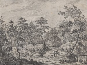 中央に男性と会話するライダー、右側に歩道橋がある森の風景、1716年。 作： Peter von Bemmel