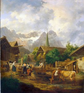 パルテンキルヒェン (ドイツ) の朝 - ピーター・フォン・ヘス (1792-1871) による絵画、木に油彩