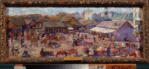 プスコフ (ロシア) の市場。 Pyotr Ivanovich Petrovichev (Piotr Petrovichev) (1874-1947) の作品、厚紙に油彩 作： Petr Ivanovic Petrovichev