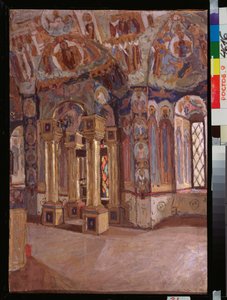 ロストフ (ロシア) の福音伝道者聖ヨハネ教会の内部。 Pyotr Ivanovich Petrovichev (Piotr Petrovichev) (1874-1947) の作品、ボール紙に油彩 作： Petr Ivanovic Petrovichev