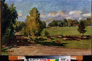 牧草地で休む。 (牧草地を横切る小川の近くの牛の群れ)。 Pyotr Ivanovich Petrovichev (Piotr Petrovichev) (1874-1947) の作品、ボール紙に油彩