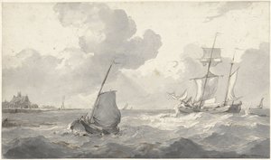沖のツーマスターと漁船 作： Petrus Johannes Schotel