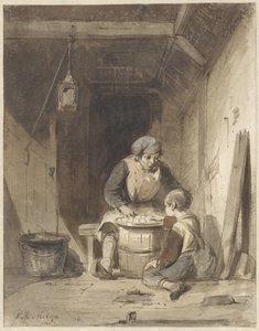 納屋で食事をする男性と少年 作： Petrus Marius Molijn