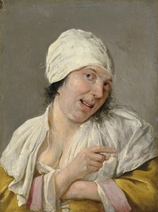 光景: 若い女性が指さしている. シリーズ「五感の擬人化」から、1635〜66年頃（木に油彩） 作： Petrus Staverenus