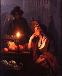 夜の市場の屋台（油彩・パネル） 作： Petrus van Schendel