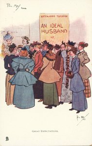 理想の夫」を見るために劇場の外に集まる女性たち（カラーリトグラフ 作： Phil May
