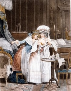 デブクール。蘇った鳥。女性が病気の小鳥を自分の胸の下に置いて蘇らせる。エングレーヴィングです。