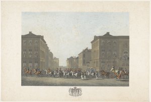 1815 年 9 月 21 日にブリュッセルで行われたウィリアム 1 世の就任式でのバンド 1815 年のウィレム 1 世のブリュッセルへの到着と就任式、およびカトル ブラとワーテルローの戦いを描いた 12 枚のプレート (シリーズ タイトル) 作： Philibert Louis Debucourt