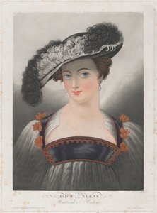 スザンナ・ランデンの肖像画、羽のついたつばの広い帽子をかぶっています。 1809-35.. 作： Philibert Louis Debucourt