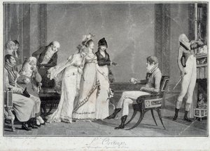 The orange or the modern judgment of Paris パリの判決のパロディ Directoire（信じられない）のファッションで若者が3つのWonderfulから選ぶように演出している。フィリベール・ルイ・デビュクール（1755-1832）の版画 1800年頃のパリ、カルナヴァ美術館蔵 作： Philibert Louis Debucourt