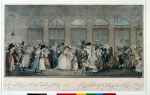 1787年の王宮の回廊を歩く。ルイ・フィリベール・ドゥビュクール（1755-1832）のエングレーヴィング 作： Philibert Louis Debucourt