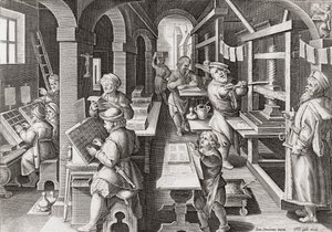 1590年頃のヨーロッパの印刷所（彫刻） 作： Philip (after) Galle