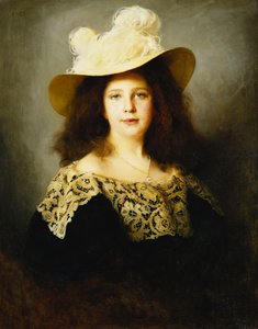 レースカラーのダークブルーのドレスを着た10歳のMici Lukacsのポートレート 作： Philip Alexius de Laszlo