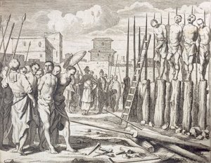 いくつかの反逆者の串刺し、罰：串刺しによる虐殺、パブ。 1672年。 作： Philip Baldaeus