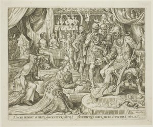 ホロフェルネスに差し出されたジュディス、『ジュディスとホロフェルネスの物語』のプレート 5 作： Philip Galle