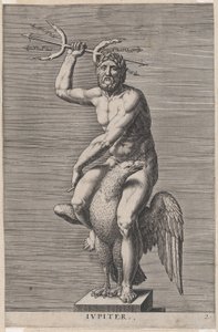 プレート 2: ジュピター、ワシに座った裸の神の像、ダブル トライデントを保持、1586 年頃. 作： Philip Galle