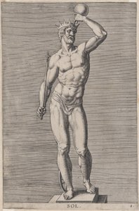 プレート 4: アポロン、王冠をかぶり、王冠をかぶって足台の上に立つ裸の神の像、1586 年。 作： Philip Galle