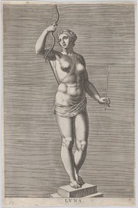 プレート 7: ダイアナ、足台の上に立つ裸の女神の像、三日月を身に着けている.1586 年. 作： Philip Galle