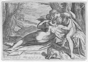 ヴィーナスとアドニス、シリーズ「アドニスの物語」より。 1579 年。 1579年。 作： Philip Galle