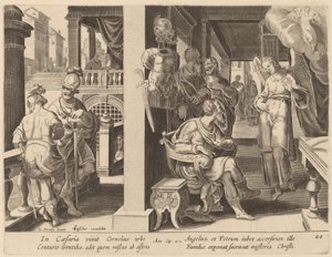 天使はコーネリアスに聖ペテロを連れてくるよう命じる 作： Philip Galle after Jan van der Straet