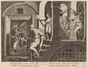 自殺しようとしている獄吏、聖パウロによって回心 作： Philip Galle after Jan van der Straet