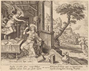 天使は聖フィリポにエチオピアの宦官に同行するよう命じる 作： Philip Galle after Maerten van Heemskerck