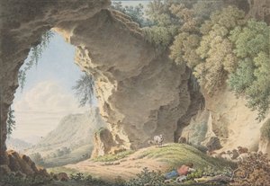眠る羊飼いのいる岩の多い風景、1817年。 作： Philip Heinrich Dunker