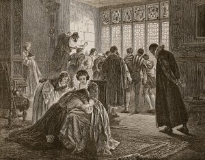 聖バーソロミュー虐殺中のイギリス大使館、「カッセルのイギリスの歴史」（セピア写真）のイラスト 作： Philip Hermogenes Calderon