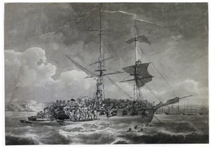 フランスのブリッグ（レンガ）、ラ・シュヴレットの肖像（不確か）。フィリップ・ジャック・ド・ルテルブール（1740-1812）の墨絵。 作： Philip James de (1740 1812) Loutherbourg