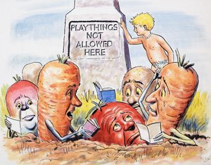 チャールズ・キングズレー作「ウォーター・ベイビーズ」の挿絵「擬人化された野菜」（グワッシュ、紙） 作： フィリップ・メンドーサ