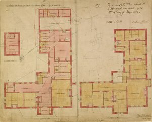 レッドハウスの計画、ベクスレーヒース、1859年（紙にペンとインク、トイレ） 作： Philip Webb