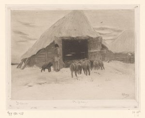 羊飼いが羊の群れを納屋に導く Grange dans la neige (原題) 作： Philip Zilcken (signed by artist)