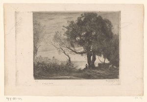木の下にフルート奏者がいる風景と街のシルエット ソワール（原題） 作： Philip Zilcken (signed by artist)