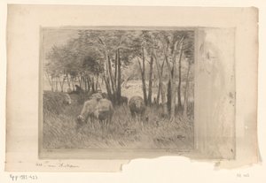 木の牧草地で羊と羊飼いの群れ ムートン（原題） 作： Philip Zilcken (signed by artist)