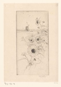 馬と風車のある牧草地の風景の前のひまわり Eutude de tournesols (原題) 作： Philip Zilcken (signed by artist)