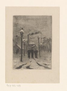 雪に覆われた村の通りを歩く 3 人の労働者 作： Philip Zilcken
