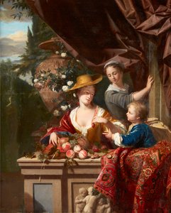 盛り合わせフルーツのボウルとテラスのエレガントな人物 (パネルに油彩) 作： Philip van Dyck