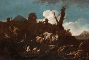 イタリアの風景の中の牛 作： Philipp Peter called Rosa da Tivoli Roos