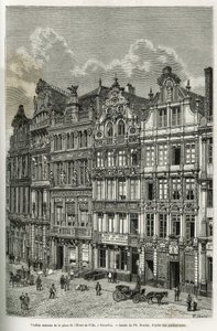 ブリュッセルの市庁舎前広場の古い家々。パリのエドゥアール・シャルトン（1807-1890）の指揮の下、ツアー・デュ・モンドに掲載されたカミーユ・ルモニエのベルギー物語を説明するためのPh.ブノワのエングレーヴィング。 作： Philippe Benoist