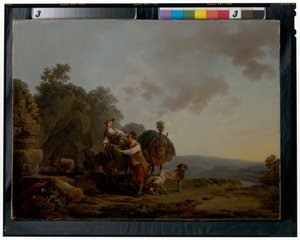 猟犬を連れた旅人と、荷の重いラバが井戸の中にいる。 作： Philippe Jacques de Loutherbourg