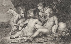 3 人の子供のグループと、フルーツと子羊を乗せたプットー。 1760-1801。 作： Philippe Lambert Joseph Spruyt