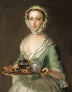 ティートレイを持ったアーティストのメイド、おそらくハンナの若い女性の肖像画 作： Philippe Mercier