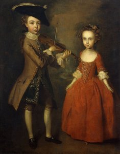 大胆な子供たち：小さな男の子のグループの肖像画、ベージュのコートを身に着けた全身、紺色の金で刺繍されたチョッキ、およびトライコーンハットとバイオリンの演奏、そして彼の姉妹、全身、赤いドレスを着て、花が咲く髪、準備中 作： Philippe Mercier