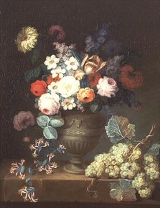 クラシカルな花瓶に生けた花と葡萄の房の静物画 作： Philippe Parpette