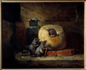世界から引きこもったネズミ。ジャン・ド・ラ・フォンテーヌの寓話の挿絵。フィリップ・ルソー（1816〜1887）の絵 作： Philippe Rousseau